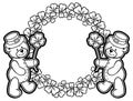 Outline round frame with shamrock contour and teddy bear. Raster