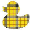 Outline of a rubber duckling painted in a plaid yellow tartan
