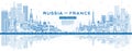 Outline Russia and France skyline with blue buildings and reflections. Famous landmarks. France and Russia concept. Diplomatic Royalty Free Stock Photo