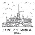 Outline Saint Petersburg Russia City Skyline with Historic Buildings Isolated on White