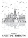 Outline Saint Petersburg Russia City Skyline with Historic Buildings and Reflections Isolated on White