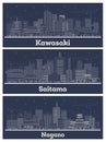 Outline Saitama, Nagano and Kawasaki Japan City Skyline Set with White Buildings