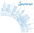 Outline Samara Russia City Skyline with Blue Buildings and Copy