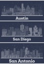 Outline San Diego California, San Antonio and Austin Texas City Skylines with White Buildings Royalty Free Stock Photo