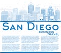 Outline San Diego Skyline with Blue Buildings and Copy Space. Royalty Free Stock Photo