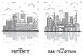 Outline San Francisco California and Phoenix Arizona USA City Skyline Set Royalty Free Stock Photo