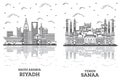 Outline Sanaa Yemen and Riyadh Saudi Arabia City Skyline Set