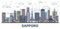 Outline Sapporo Japan city skyline with colored modern and historic buildings isolated on white. Sapporo cityscape with landmarks