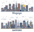 Outline Sapporo and Nagoya Japan City Skyline set with Color Buildings Isolated on White. Cityscape with Landmarks