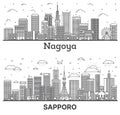 Outline Sapporo and Nagoya Japan City Skyline set with Modern Buildings Isolated on White. Cityscape with Landmarks