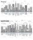 Outline Sapporo and Nagoya Japan City Skyline set with Modern Buildings and Reflections Isolated on White. Cityscape with