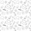 Outline seamless cleaning products and equipment background pattern.