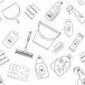 Outline seamless cleaning products and equipment background pattern.