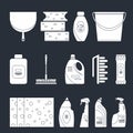 Outline seamless cleaning products and equipment background pattern.