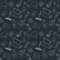 Outline seamless cleaning products and equipment background pattern.