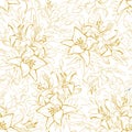 Outline seamless pattern with blossom of lilies flowers, buds, leaves.