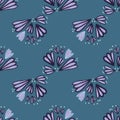 Outline seamless pattern with contoured flower silhouettes. Purple and blue doodle elements on navy pale background Royalty Free Stock Photo