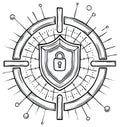 Outline security shield padlock with radiating data network lines Royalty Free Stock Photo