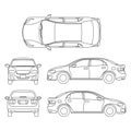 Outline sedan car vector drawing in different point of view Royalty Free Stock Photo