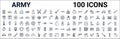 Outline set of army line icons. linear vector icons such as militar ship,revolution,nuclear,militaty medal,officer,swiss army