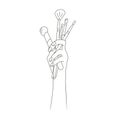 Outline set of brushes for make up. Line vector illustration of makeup artist hand holding collection of cosmetic