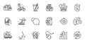 Outline set of Creativity, Cake and Analysis graph line icons for web application. For design. Vector Royalty Free Stock Photo