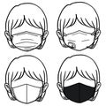 Outline set of girl wearing different mask.