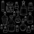 The outline of a set of glass containers with poisons and potions. Black and white poisons in glass jars set for