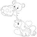 Outline set of a mouse with a big heart and a unicorn, isolated object on a white background, Royalty Free Stock Photo