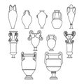 Outline set sketch of ceramic vases. Tall ancient Greek, Roman jar with two handles and a narrow neck. Line art vintage ceramic Royalty Free Stock Photo