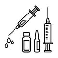 Outline set of syringes for injection with vaccine, vial of medicine, ampoule. Vector Royalty Free Stock Photo