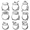 Outline set of witches cauldrons in doodle style, magical utensils for brewing potions