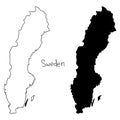 Outline and silhouette map of Sweden - vector illustration hand