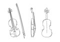 Outline silhouette of violin in different positions, front, back, profile with bow Royalty Free Stock Photo