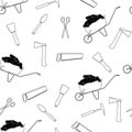 Outline silhouettes of garden tools. Seamless pattern on a white background. Vector. Royalty Free Stock Photo