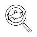 Outline, simple vector frying pan with fish icon isolated on white background.