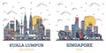 Outline Singapore and Kuala Lumpur Malaysia City Skyline Set