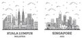 Outline Singapore and Kuala Lumpur Malaysia City Skyline Set