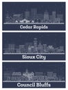 Outline Sioux City, Council Bluffs and Cedar Rapids Iowa USA Skyline Set