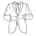 Outline sketch of a businessman with tie and watch buttoning his jacket