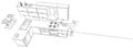 Outline sketch drawing of contemporary kitchen interior on long background top view