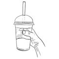 Outline sketch of hand hold drink in a plastic glass with a straw