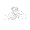 Outline sketch illustration.Menstrual cup with flowers in female hands, hand drawn.Vector illustration