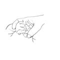 Outline sketch of mother hand holding baby arms.