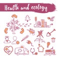 Outline sketched icons set health and ecology theme. Line art. P Royalty Free Stock Photo