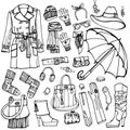 Outline Sketchy.Females outerwear,accessories set Royalty Free Stock Photo