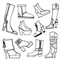 Outline Sketchy vector.Females shoes,boots set