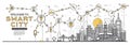 Outline Smart City Skyline Panorama. Networks and Internet of Things Icons