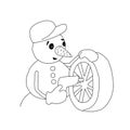 The outline of the snowman in a cap and mittens changing tyre