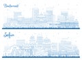 Outline Sofia Bulgaria and Bucharest Romania City Skyline Set with Blue Buildings